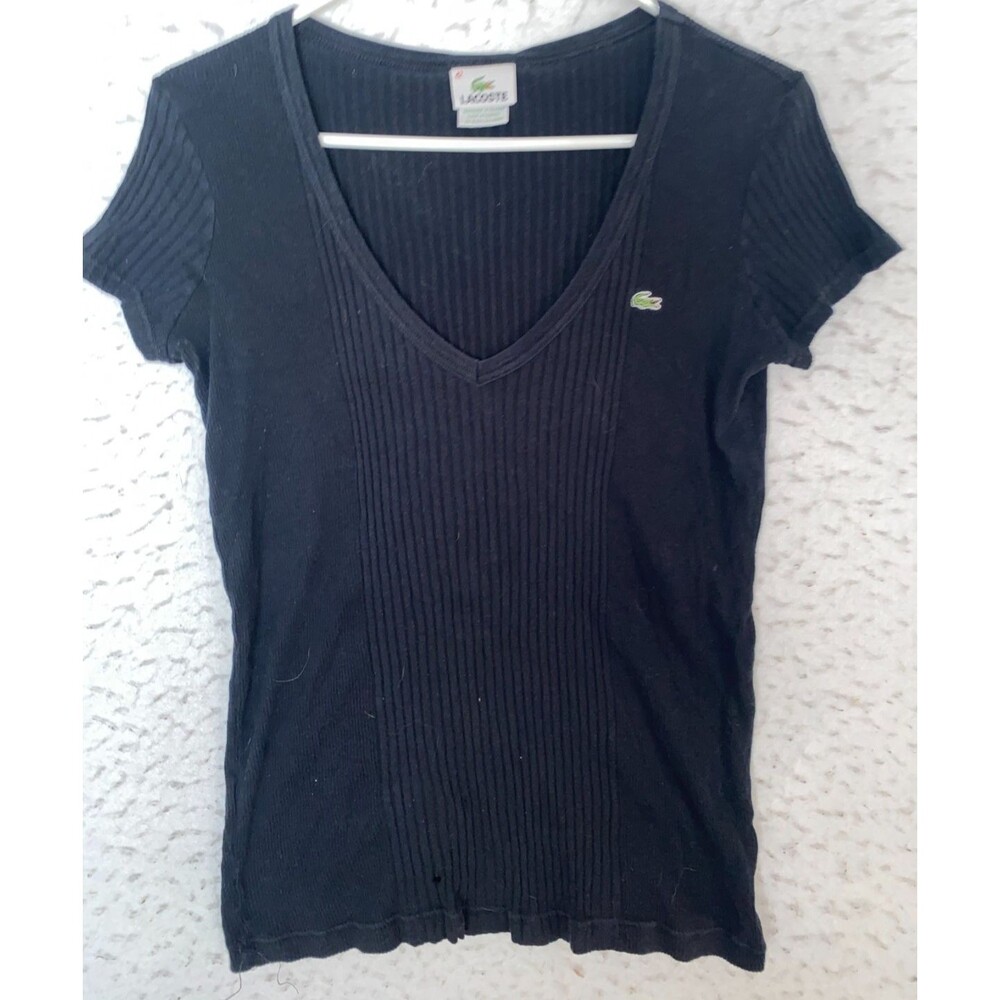 LACOSTE Women’s V-Neck T-Shirt Black 100% Cotton 42 US L Ribbed Short Sleeve